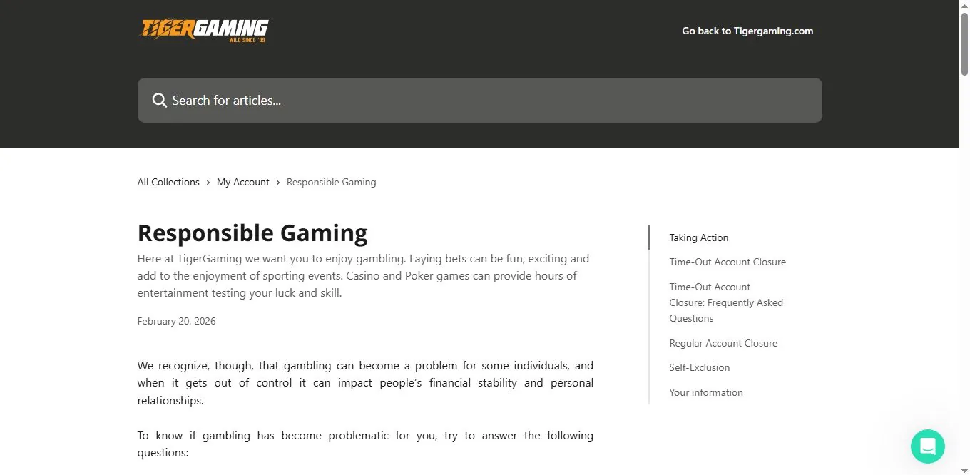 Screenshot of TigerGaming's responsible-gambling tools