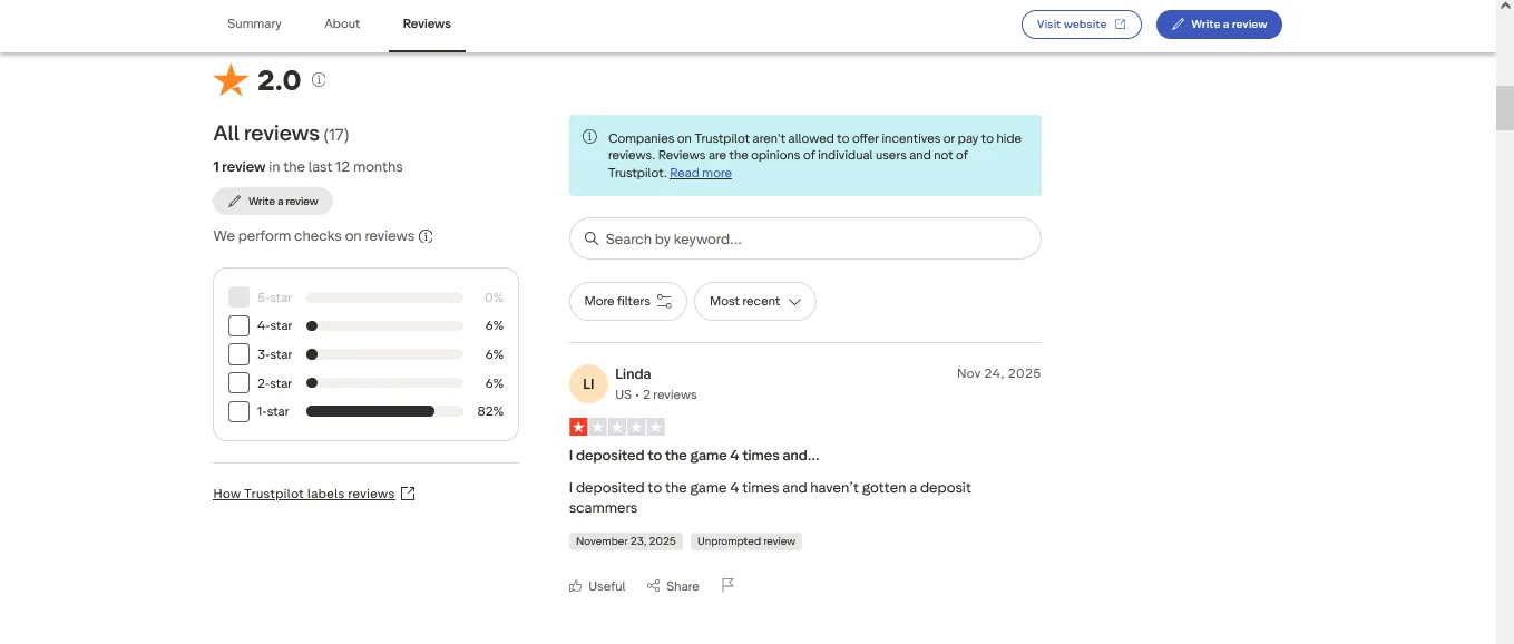 Screenshot of TigerGaming's negative Trustpilot review