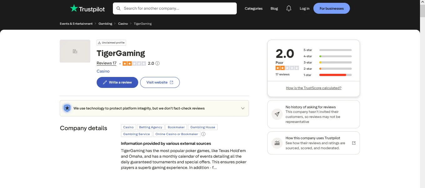 Screenshot of TigerGaming's Trustpilot rating overview