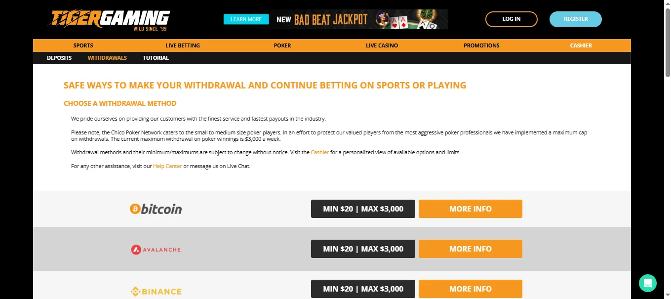 Screenshot of TigerGaming's withdrawal section and limits