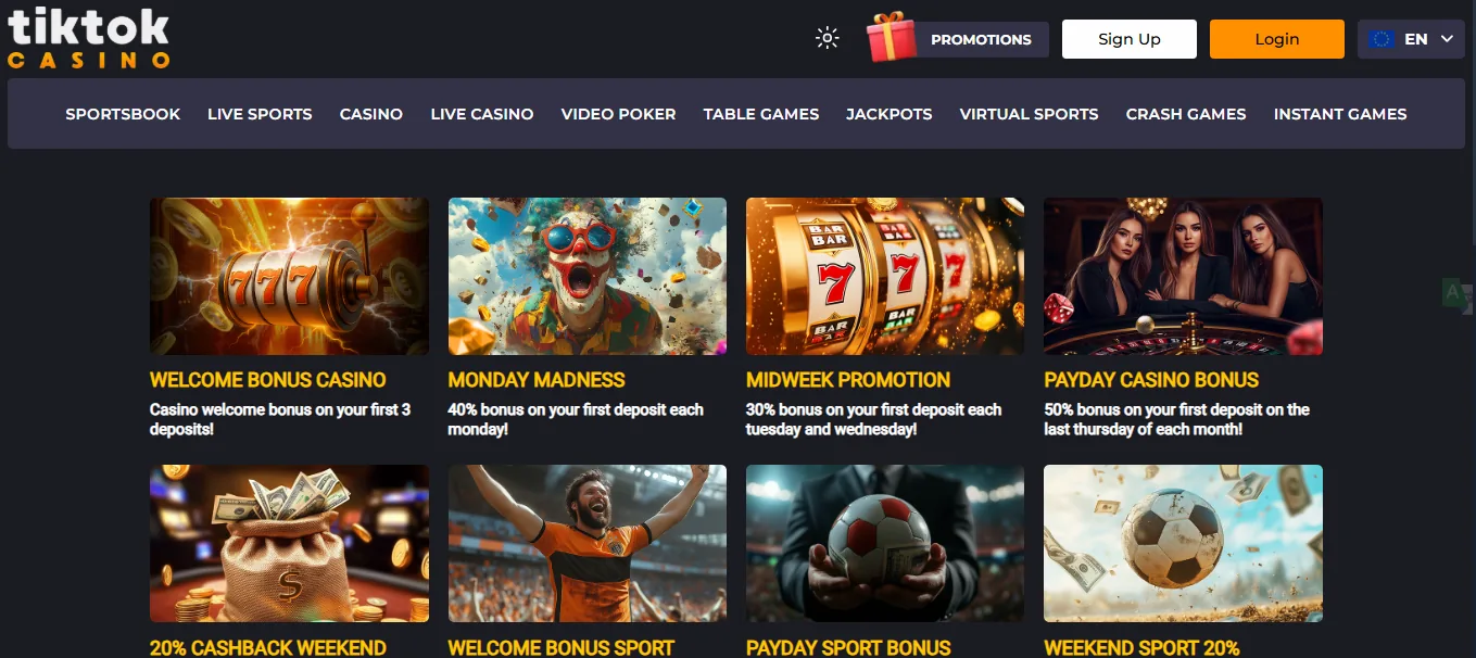 Screenshot of TikTok Casino's welcome bonus offer