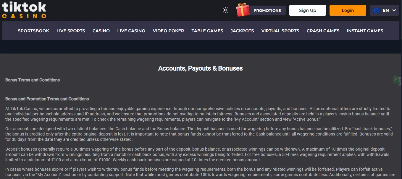 Screenshot of TikTok Casino's bonus terms and wagering requirements
