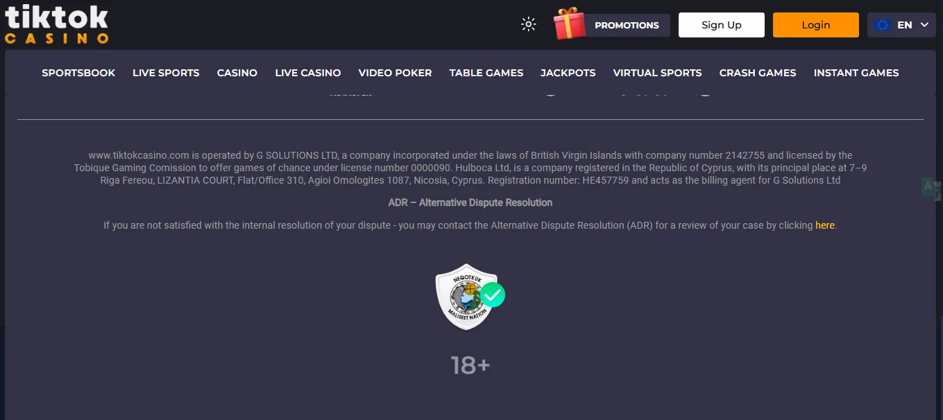 Screenshot of TikTok Casino's footer licence and regulator details