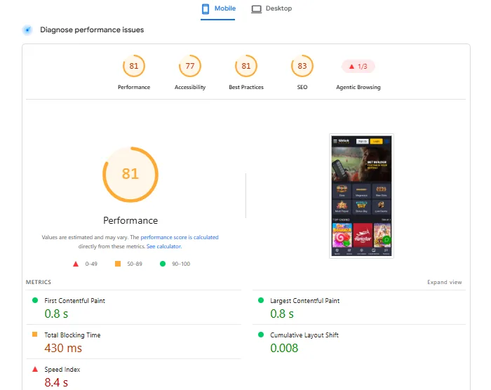 Screenshot of TikTok Casino's mobile site