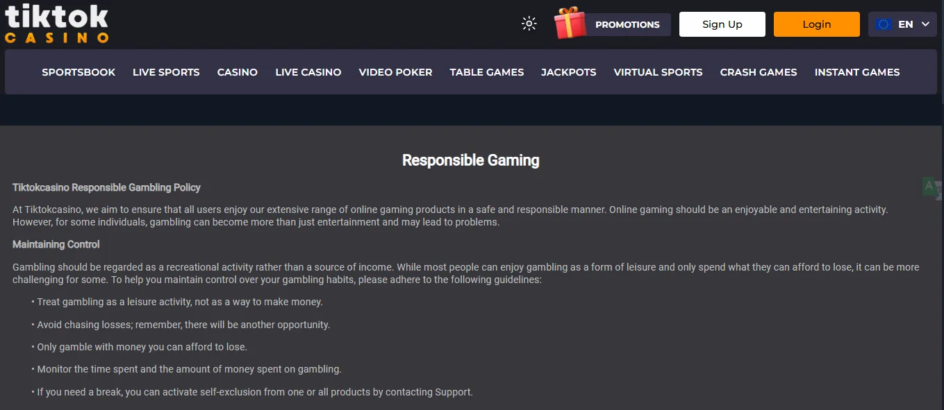 Screenshot of TikTok Casino's responsible-gambling tools