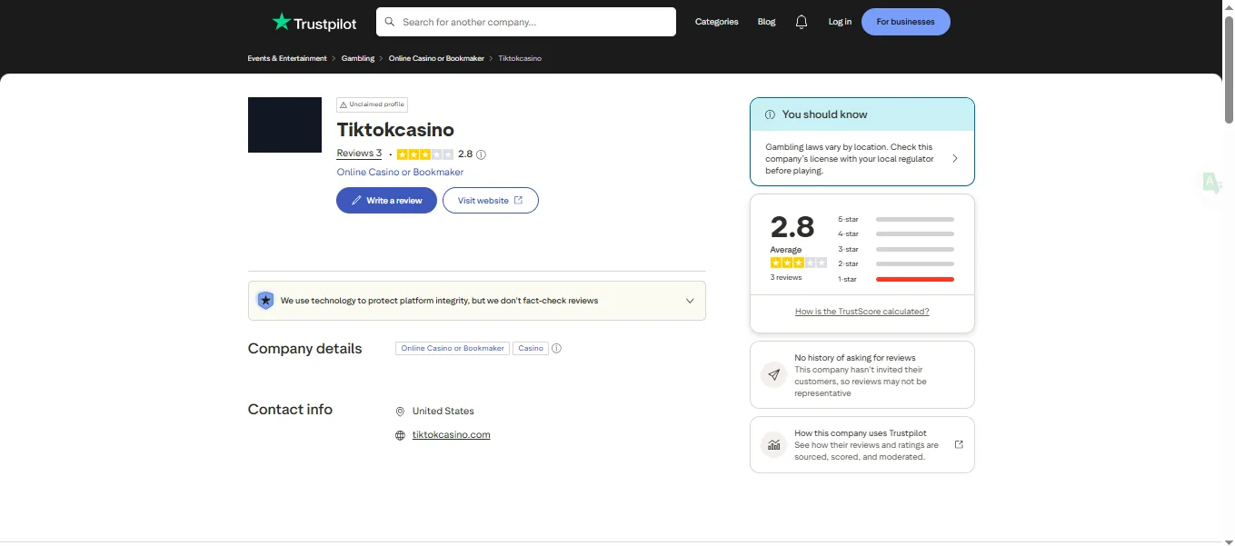 Screenshot of TikTok Casino's Trustpilot rating overview