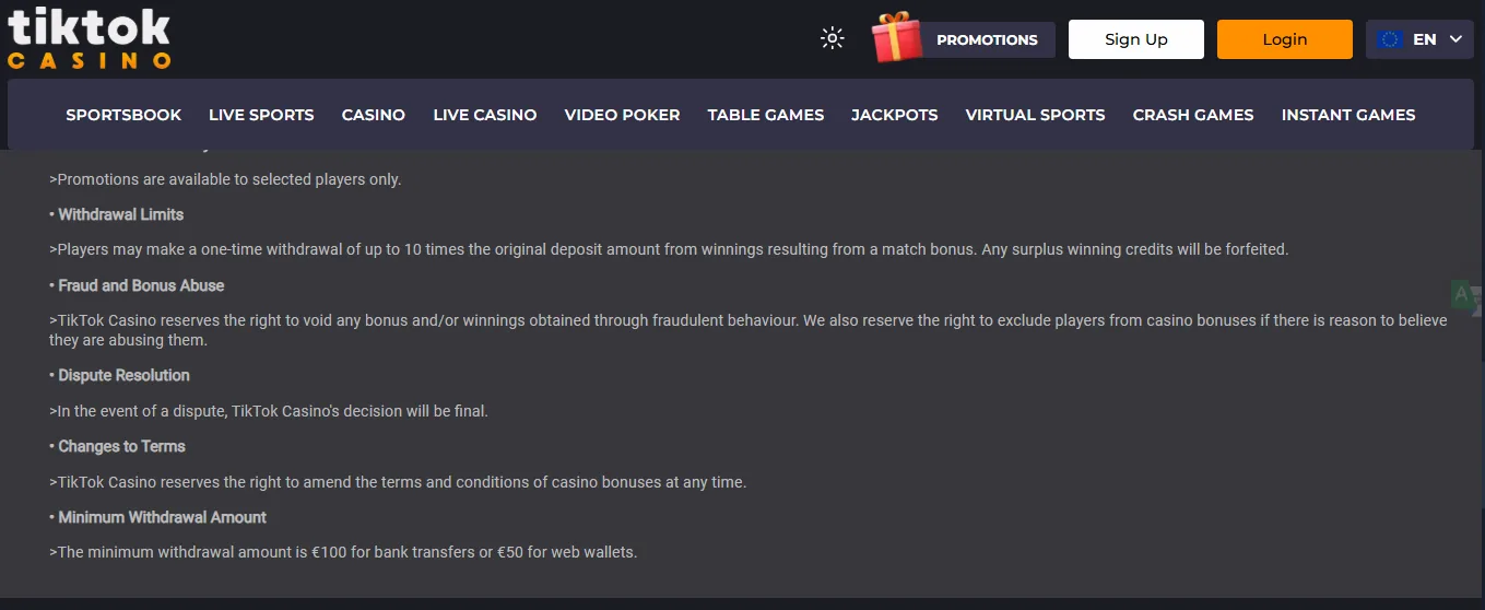Screenshot of TikTok Casino's withdrawal section and limits