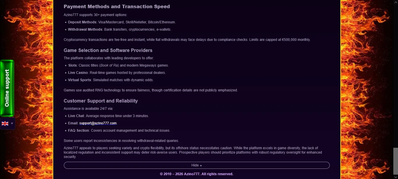 Screenshot of Azino777's footer licence and regulator details