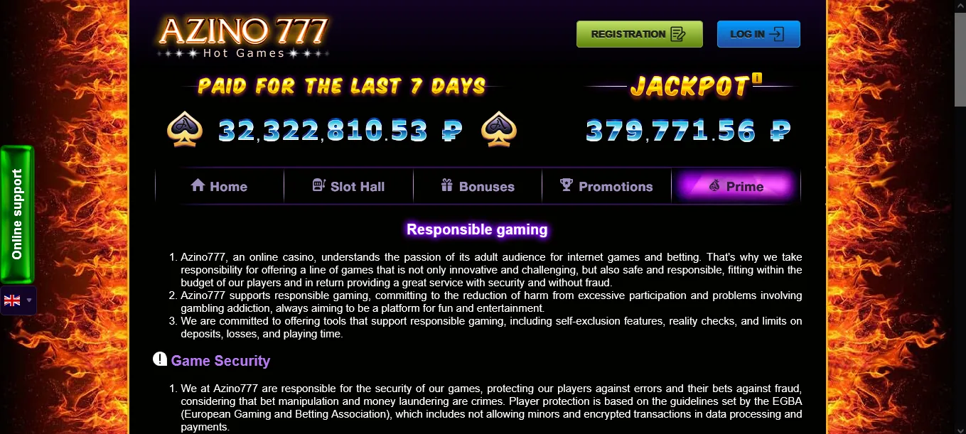 Screenshot of Azino777's responsible-gambling tools
