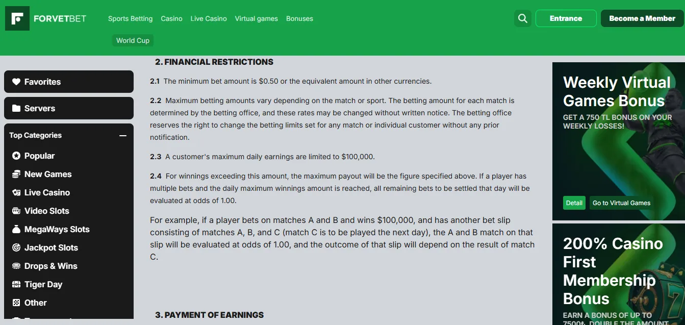 Screenshot of Tornadobahis's withdrawal section and limits