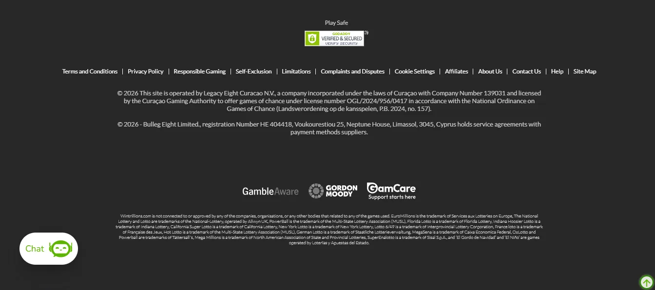 Screenshot of Trilion Ario Casino's footer licence and regulator details