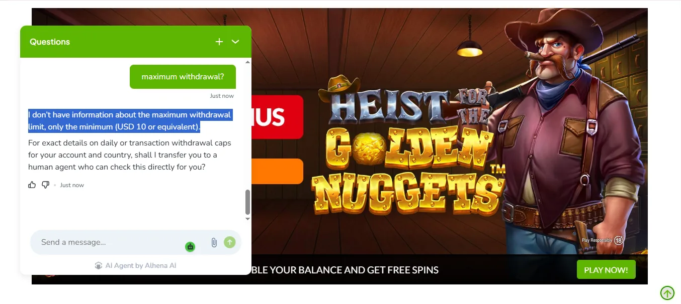 Screenshot of Trilion Ario Casino's live chat support window