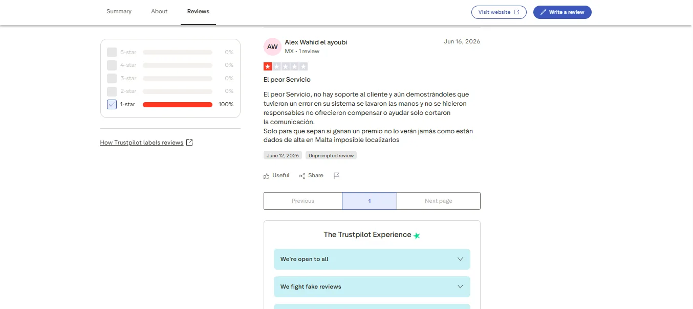 Screenshot of Trilion Ario Casino's negative Trustpilot review