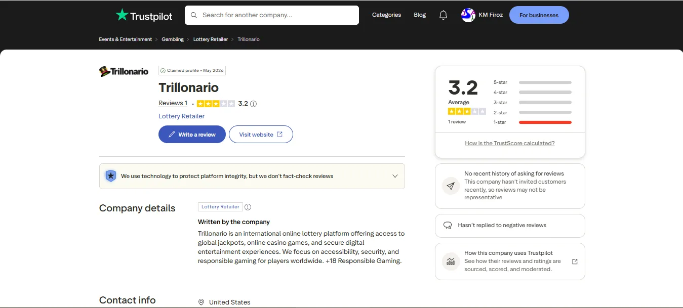 Screenshot of Trilion Ario Casino's Trustpilot rating overview