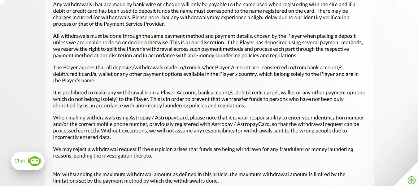 Screenshot of Trilion Ario Casino's withdrawal section and limits