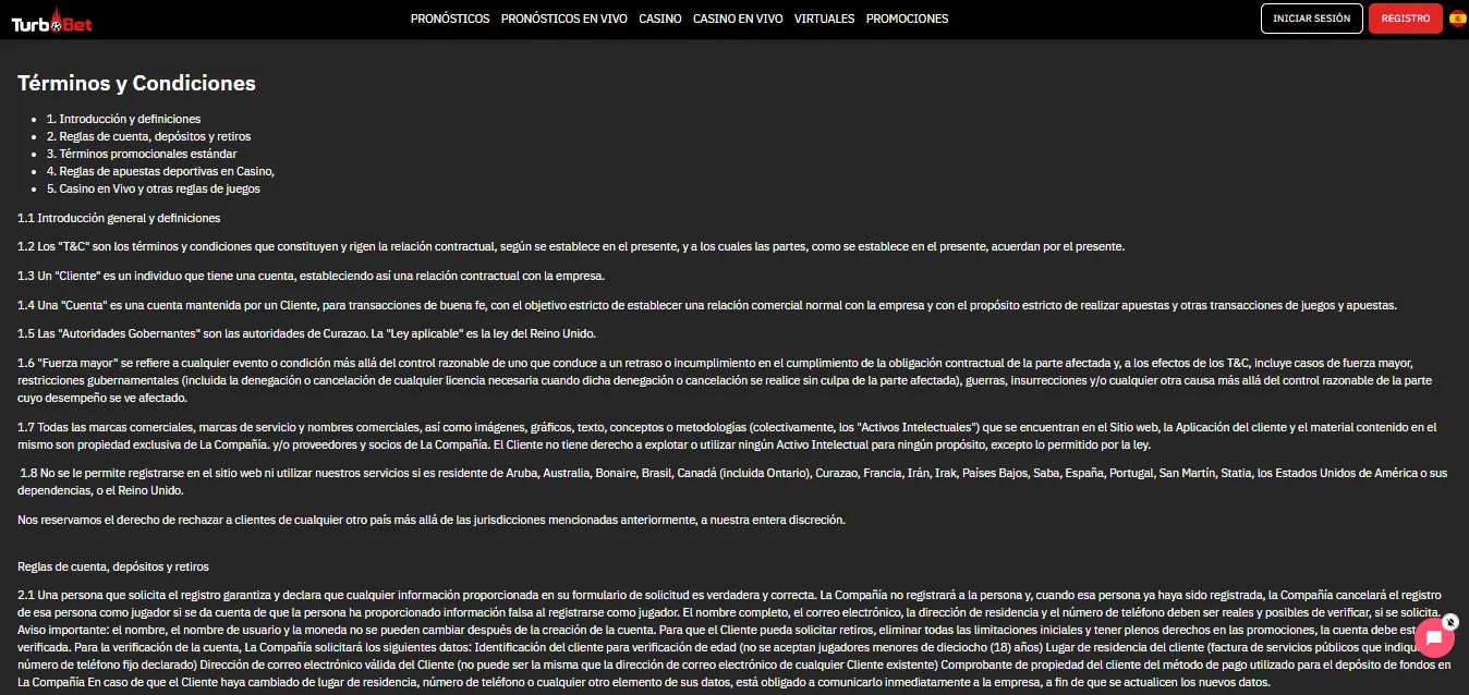 Screenshot of Turbobet's bonus terms and wagering requirements