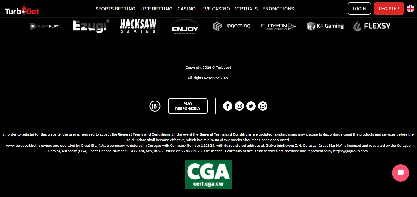 Screenshot of Turbobet's footer licence and regulator details