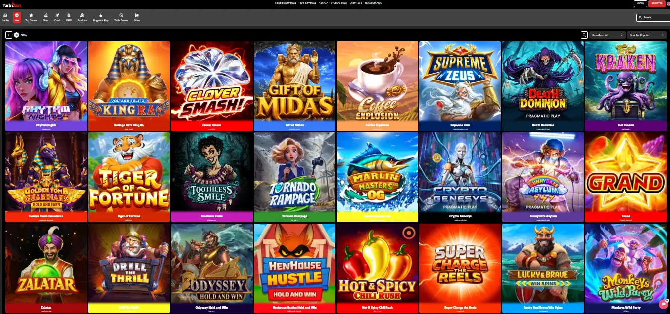 Screenshot of Turbobet's games lobby