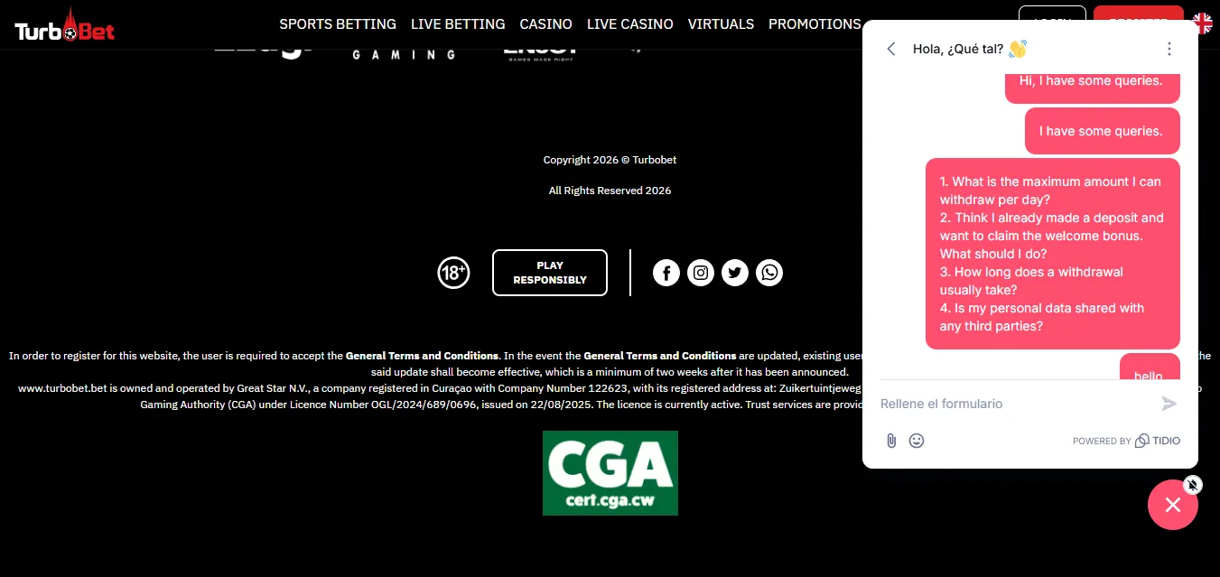 Screenshot of Turbobet's live chat support window