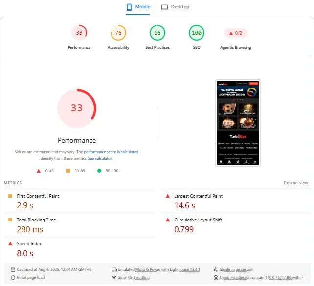 Screenshot of Turbobet's mobile site
