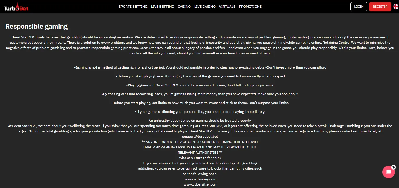 Screenshot of Turbobet's responsible-gambling tools