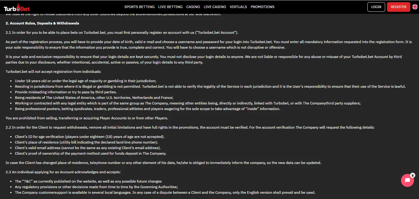 Screenshot of Turbobet's withdrawal section and limits