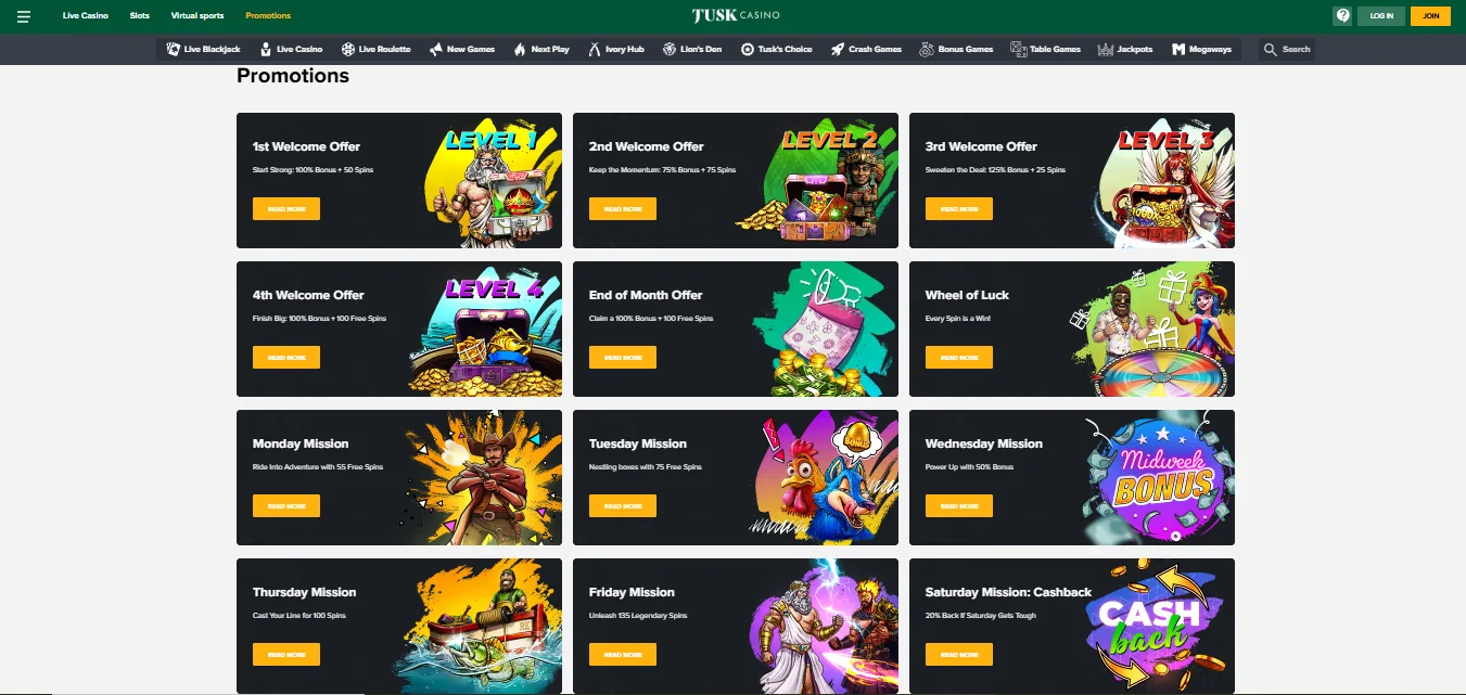 Screenshot of TUSK Casino's welcome bonus offer