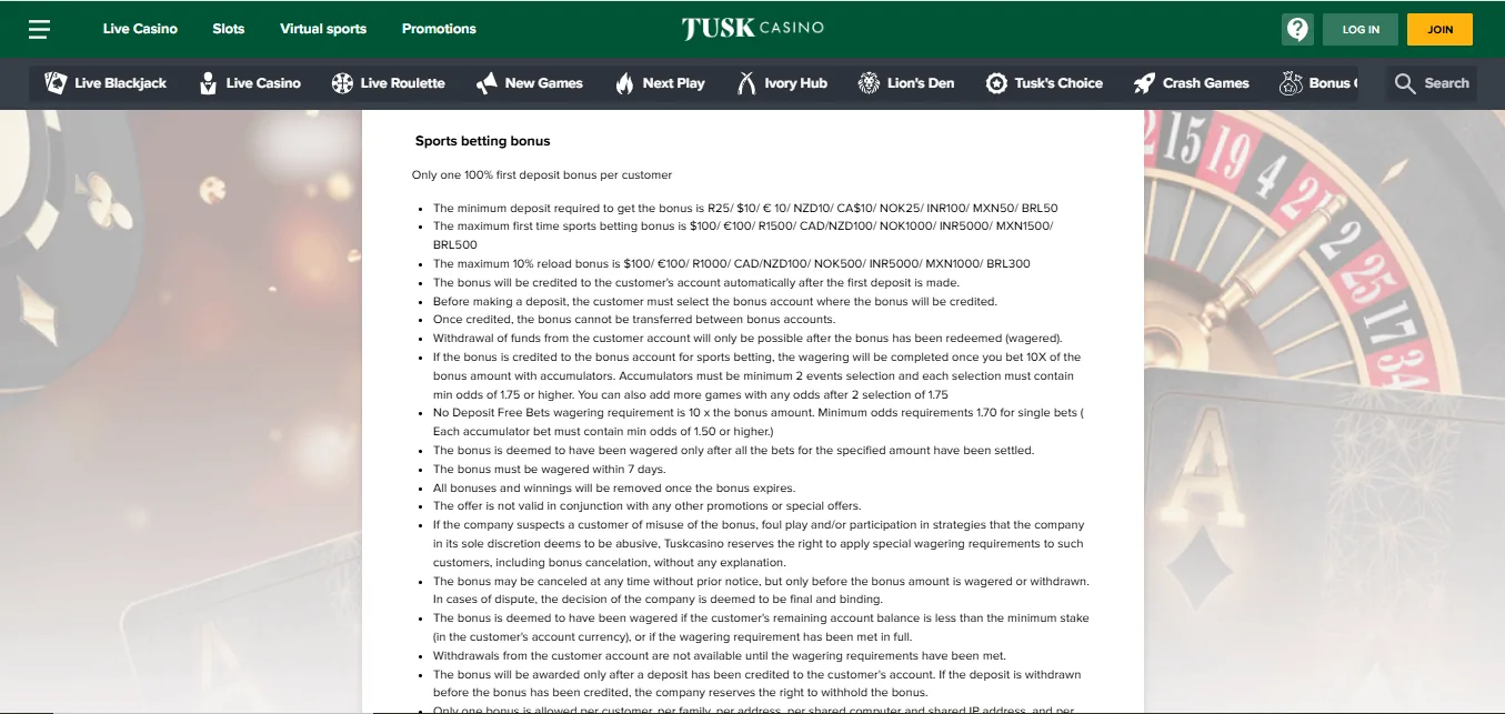 Screenshot of TUSK Casino's bonus terms and wagering requirements