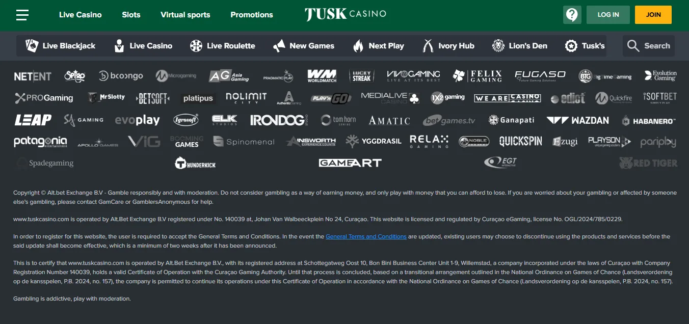 Screenshot of TUSK Casino's footer licence and regulator details