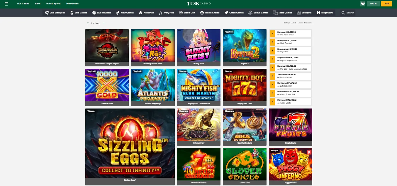 Screenshot of TUSK Casino's games lobby