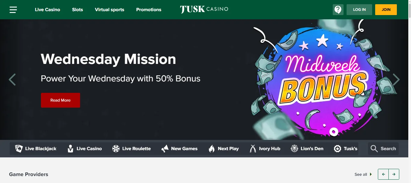 Screenshot of TUSK Casino's homepage