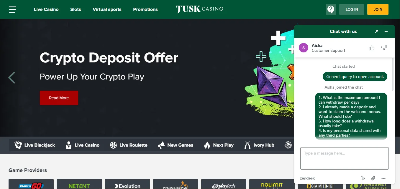 Screenshot of TUSK Casino's live chat support window