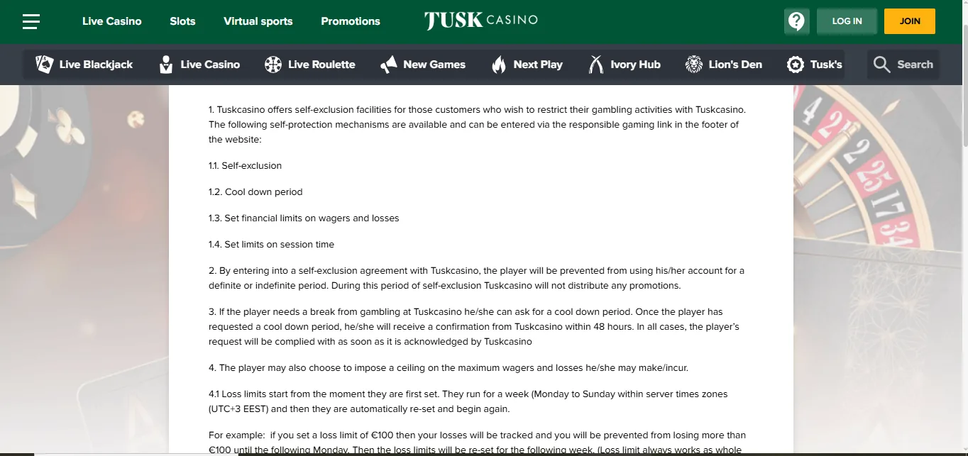 Screenshot of TUSK Casino's responsible-gambling tools