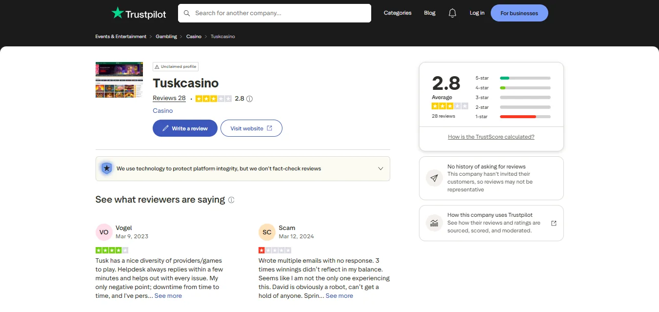 Screenshot of TUSK Casino's Trustpilot rating overview