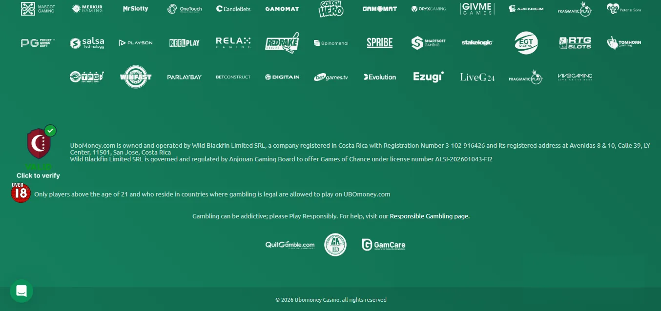 Screenshot of UBOmoney's footer licence and regulator details