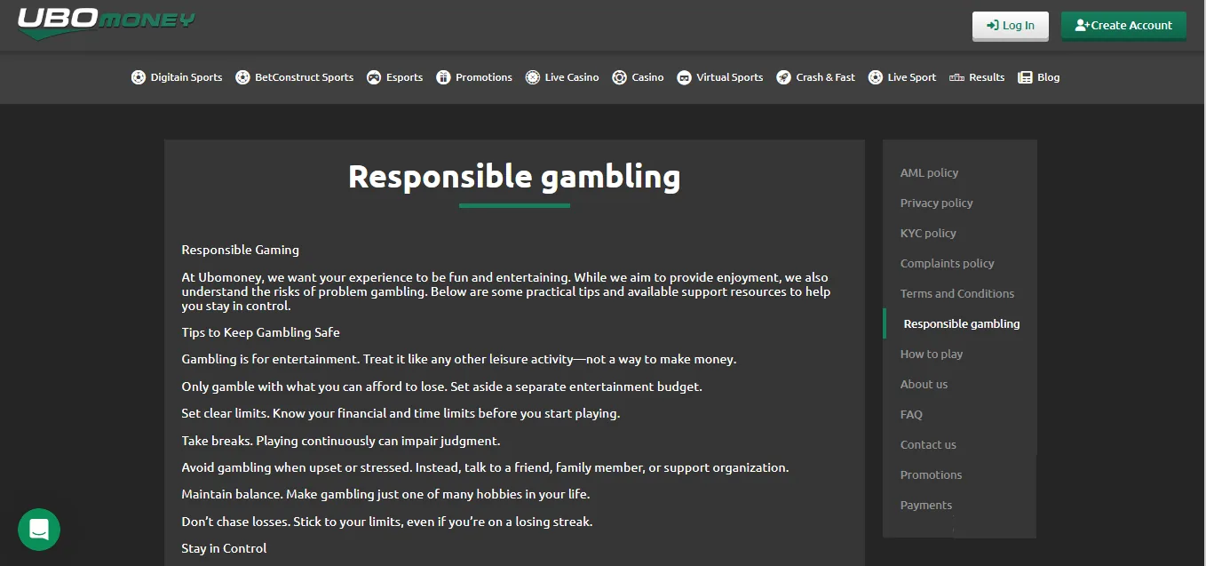 Screenshot of UBOmoney's responsible-gambling tools