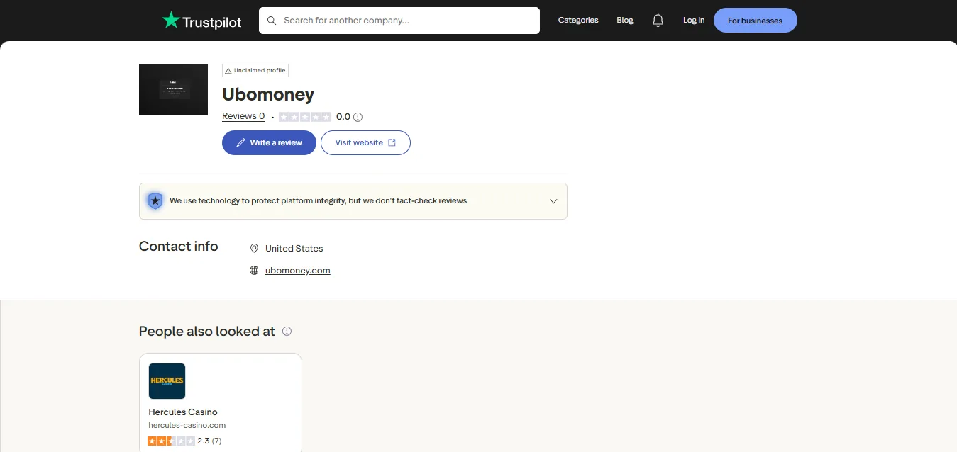 Screenshot of UBOmoney's Trustpilot rating overview