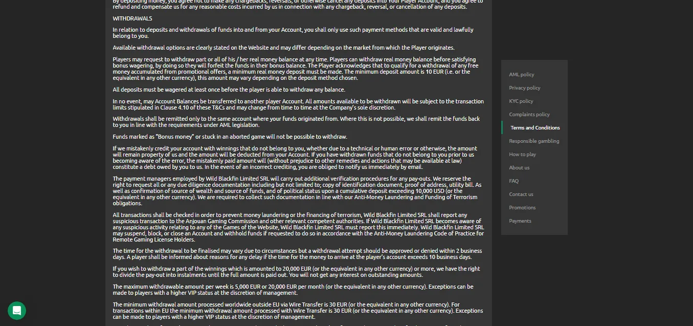 Screenshot of UBOmoney's withdrawal section and limits