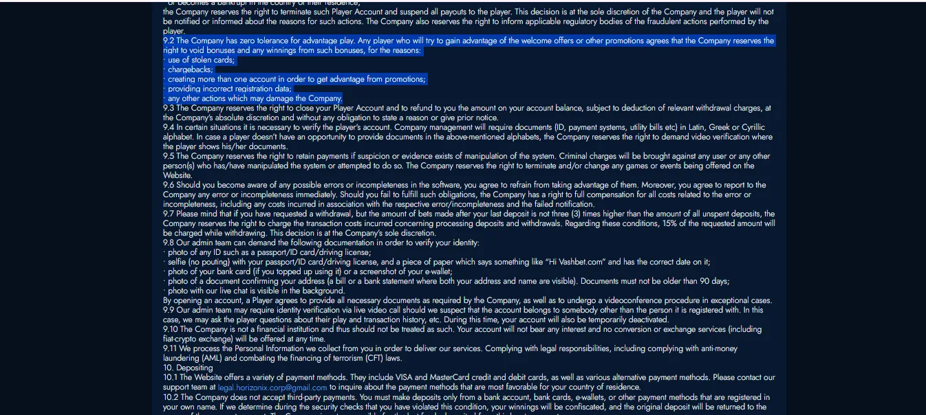 Screenshot of VashBet's bonus terms and wagering requirements