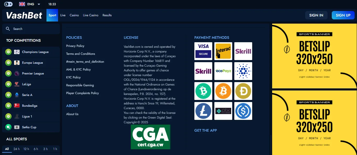 Screenshot of VashBet's footer licence and regulator details