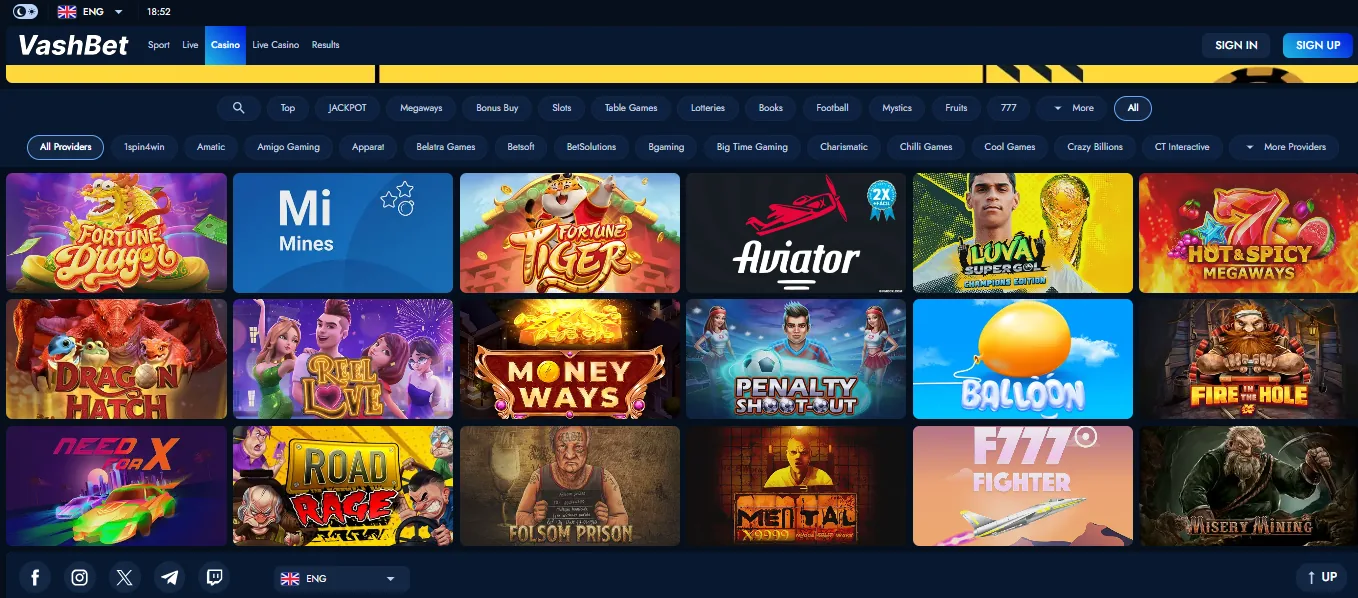 Screenshot of VashBet's games lobby
