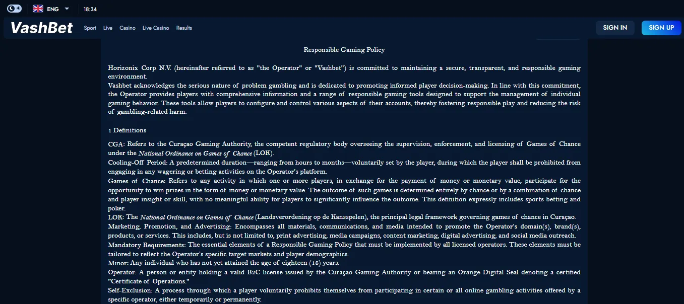 Screenshot of VashBet's responsible-gambling tools