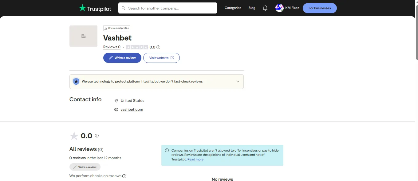 Screenshot of VashBet's Trustpilot rating overview