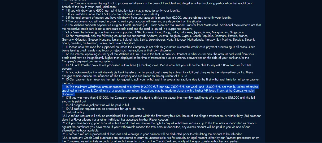 Screenshot of VashBet's withdrawal section and limits