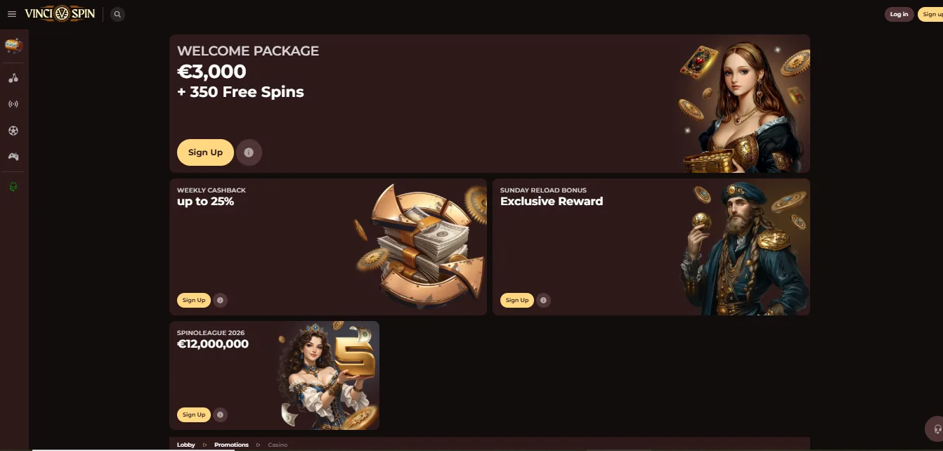 Screenshot of VinciSpin's welcome bonus offer