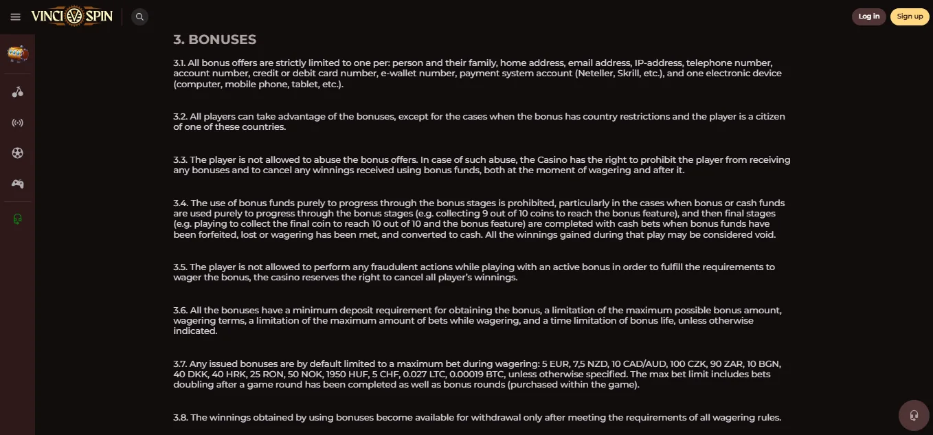 Screenshot of VinciSpin's bonus terms and wagering requirements