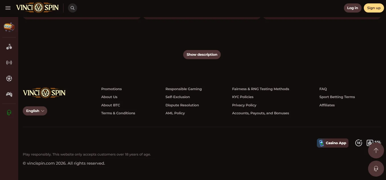 Screenshot of VinciSpin's footer licence and regulator details