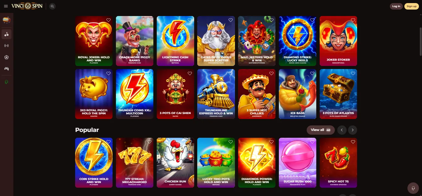 Screenshot of VinciSpin's games lobby