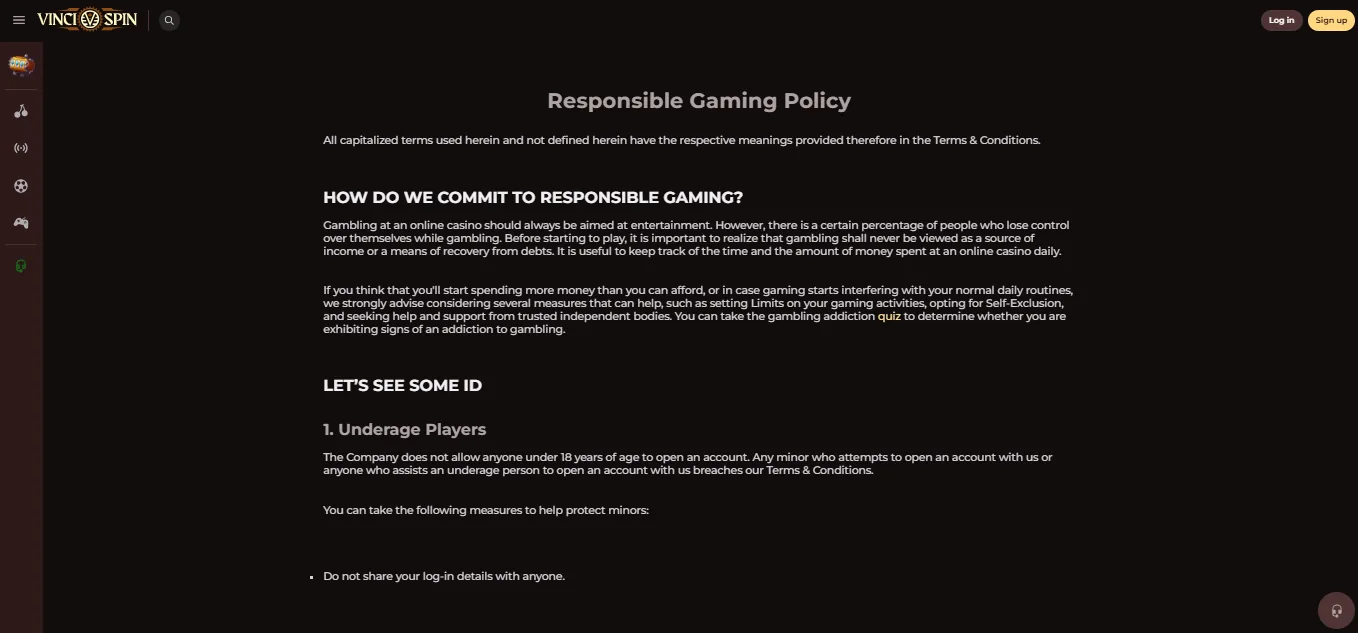 Screenshot of VinciSpin's responsible-gambling tools