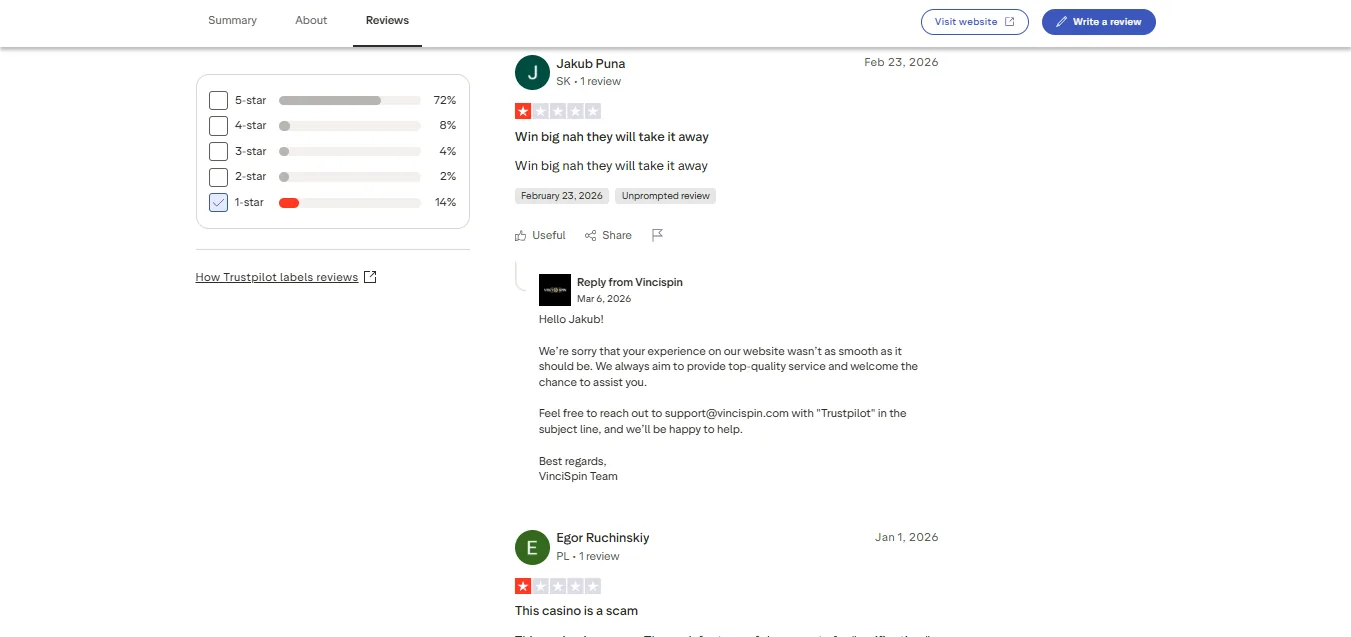 Screenshot of VinciSpin's negative Trustpilot review